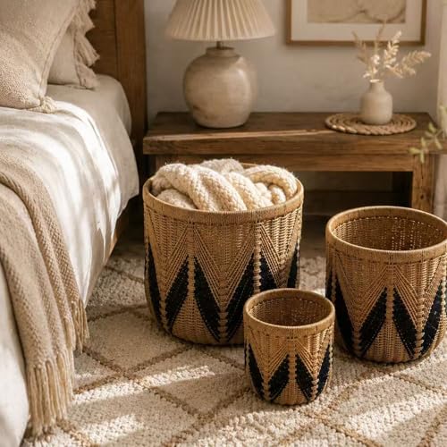 Set of 3 Woven Storage Baskets Decorative Nested Organizer Bins for Blankets Toys Towels and Home Organization Set for Living Room Bedroom Natural,S+M+L