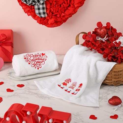 Valentines Day Hand Towels 100% Cotton Embroidered Red Gnome Heart Decorative Bathroom Kitchen Dish Towels Set Gift Set of 2 14x29 inch - color: Va.red Gnome