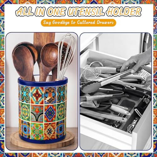 LemonRoad 6.7" H Talavera Utensil Holder for Kitchen Counter Mexican Pottery Ceramic Cooking Utensil Crock Modern Farmhouse Countertop Organizer for Spatula Ladle Kitchen Counter Decor - style: Talavera