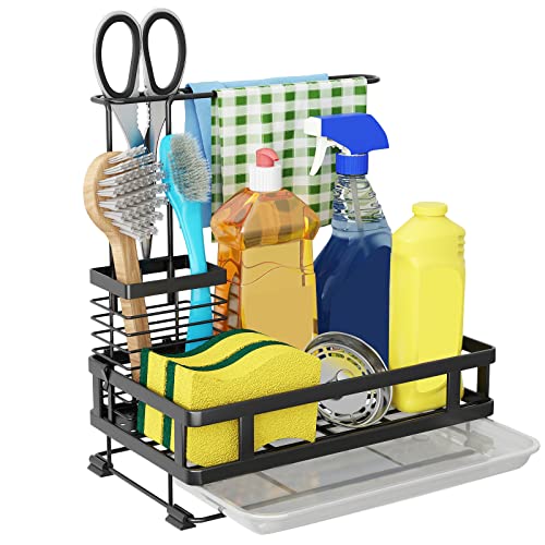 Kitchen Sink Organizer with Brush Rack - Sink Caddy with Drain-Pan | Stainless Steel Sponge Holder for Kitchen Sink with Towel Rack, Organizer for Dish Soap Dispenser, 10.5"L × 5.9"W × 10.5"H
