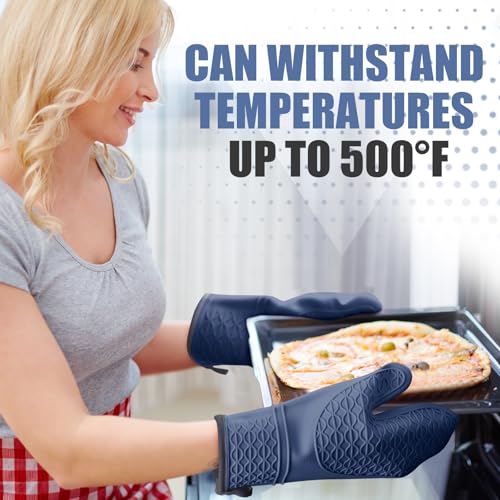 Silicone Oven Mitts, Heat Resistant 2PCS Oven Mitts with Soft Cotton Lining, Waterproof Non-Slip Grip Oven Glove, Kitchen Potholder Mits for BBQ, Baking, Cooking, 12.5 Inch - Dark Blue - color: Dark Blue