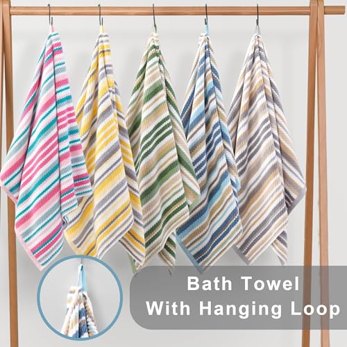 VOOVA & MOVAS Striped Towels 6 Pack, 100% Cotton, Gray Beige | All-Around Bathroom Use, Available in 13x13, 16x27, 28x52 In, Quick Dry, Soft, Absorbent, Bath Towels with Hanging Loops - color: Beige + Gray Striped, size: 6 PCS Bathroom Towels