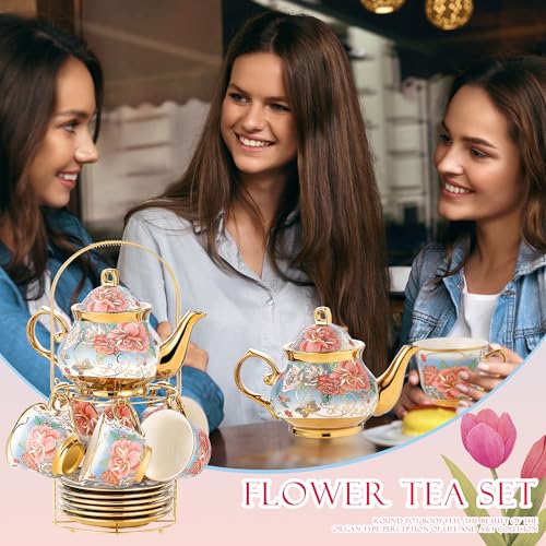 20 Pieces Porcelain Tea Set With Metal Holder, European Ceramic tea set for adults,Flower Tea Set,Tea Set For Women With Flower Painting (VIVID BLUE, Largr Vision) - color: VIVID BLUE