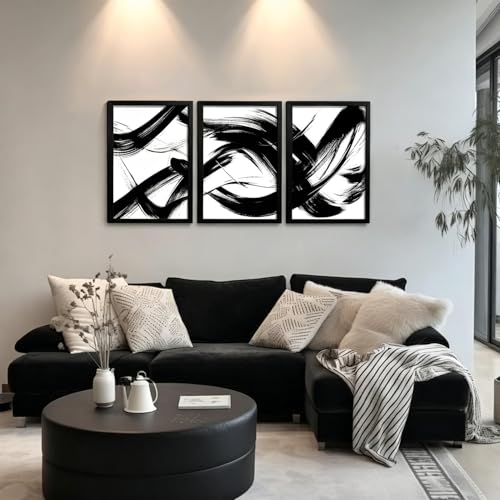 RUURUU 3Pcs Framed Black and White Abstract Canvas Wall Art Modern Minimalist Small Space Wall Decor for Living Room Bedroom Office Brush Stroke Gallery Pictures Posters Prints 12x16 Inches - size: 12x16Inches