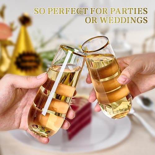 FOCUSLINE 24 Pack 9 Oz Plastic Stemless Gold Rim Champagne Flutes, Heavy Duty, Shatterproof, Disposable & Reusable Crystal Clear Toasting Glasses - color: Gold Rim Plastic Champagne Flutes