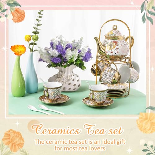 Zhehao 20 Pcs Porcelain Tea Set with Metal Holder and Spoon Adult Ceramic Tea Set European Flower Painting Teapot Cup Saucer Spoon for Women Mom Gift, Large Version (Delicate Style) - color: Delicate Style