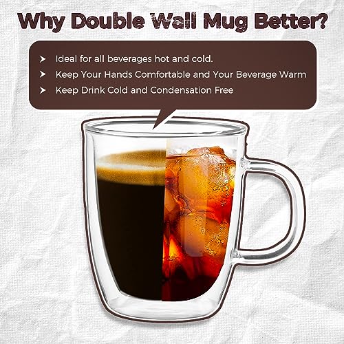 2 Pack Double Wall Insulated Coffee Mugs 8 oz | Clear glass coffee mugs espresso with handle Perfect for Americano, Latte, Cappuccino, Espresso, Beverage and Tea