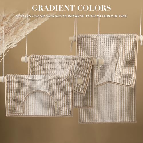 Bathroom Rugs Sets 3 Piece, Toilet Rugs U-Shaped Contour Bath Mat Set, Striped Absorbent Non Slip Chenille Shower Mat, Beige - color: Beige, size: 20"x32"+16"x24"+U Shape 20"x24"
