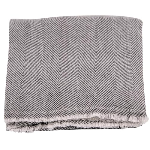 Cashmere Blanket – Hand Woven 100% Pure Wool Throw Blanket, 135 x 270 cm – Fine Herringbone Pattern Cozy, and Soft Blanket for Bed, Sofa, or Couch - Made in Nepal - color: Grey