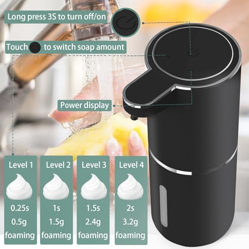 Automatic Soap Dispenser – Touchless Foaming Soap Dispenser 400ml USB Rechargeable Dispenser Electric Wall Mounted 4levels Adjustable Foam Dispenser Pump for Bathroom Kitchen Dish Soap(Black) - color: Black, style: Foam