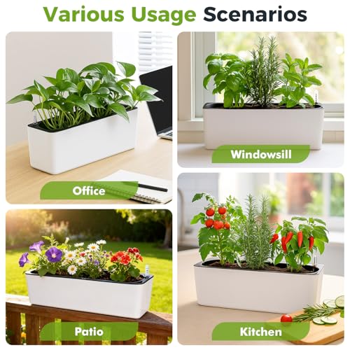 2 Pack Rectangular Planter 15.6 x 5.4 in Self Watering Planter Window Sill Planters Indoor Rectangle Plant Pot Self Watering Pots Plastic Plant pots with Drainage Holes Black Flower Pot - color: White