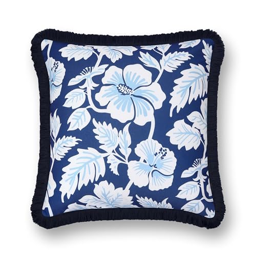 Hofdeco Premium Coastal Patio Indoor Outdoor Throw Pillow Cover Only, 20"x20" Water Repellent for Backyard, Couch, Navy Baby Blue Print Tropical Hisbucs Flowers - color: Navy Baby Blue Tropical Hisbucs Flowers 20"x20"