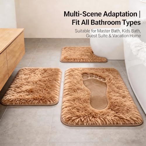 Shaggy Bathroom Rugs Set Plush Velvet Bath Rugs Non-Slip Bath Mat Set 3 Piece,Washable Mats,Absorbent Shaggy Rugs Super Soft U-Shaped Toilet Rug,Bahroom Carpets for Bathroom,Tub,Shower(Brown - color: Brown