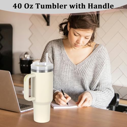 4 Pack 40 Oz Tumbler with Handle Bulk, Double Wall Vacuum Insulated Stainless Steel Tumbler with Lid and Straw, 40 oz cup with Silicone Spill Proof Stopper Set (Cream) - color: Cream