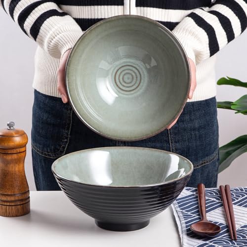 Ceramic Japanese Ramen Bowl Set, 2 Sets Asian Pho Udon Soup Noodle Bowls with Spoons and Chopsticks (Grayish Green, 8 inches) - color: Grayish Green
