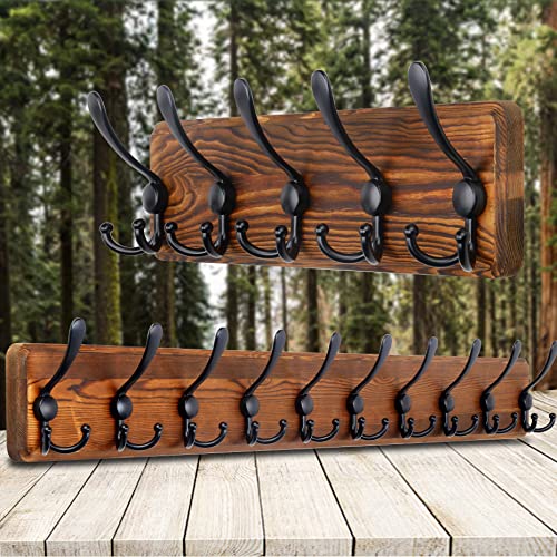 SKOLOO Rustic Coat Rack Wall Mount, 16" Stud Spacing, Solid Wood, Brown | Farmhouse style, 5 Triple Hooks, 100lbs capacity, for backpack jacket coat hat, wall mount, hardware included,rustproof hooks - color: Brown Plate & Black Hook, size: 1 Item-5 Hooks