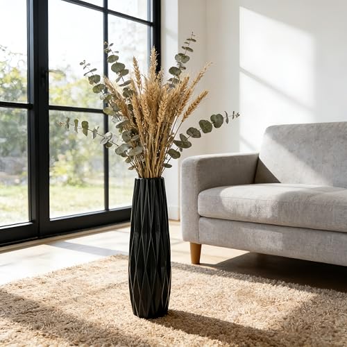 Black Tall Ceramic Floor Vase, 17.7 Inch, Ribbed Design | Matte Finish, Narrow Corners, Entryway, Bedroom, Compact Spaces - size: 17.7 Inch