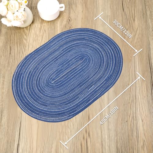 Blue Oval Woven Placemats Cotton Blend Washable Heat Resistant Table Mats for Kitchen Dining Indoor and Outdoor Set of 6 - color: Blue