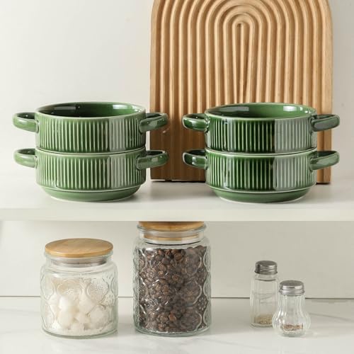 Soup Bowls with Handles, 23 oz French Onion Soup Crocks, Stackable Soup Bowl Oven Safe for Chili, Beef Stew, Embossment Ceramic Bowl Set - 5.4 Inch, Set of 4 (Green) - color: Green