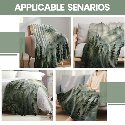 Sage Green Forest Twin Blanket, 60x80 in | for Nature Mountain, Cabin Tree Flannel Blankets, for Couch Bed Living Room Sofa, Decorative Patterned, Super Soft Cozy - size: 60"W x 80"L