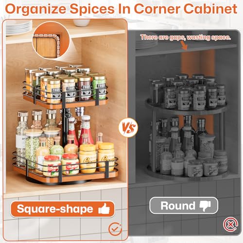 12 Inch Square Lazy Susan Organizer, 2 Tier Adjustable Wood Rack | Removable Divider Rack, 360° Rotating, Adjustable Height, For Pantry, Cabinet, Bathroom & Dining Table