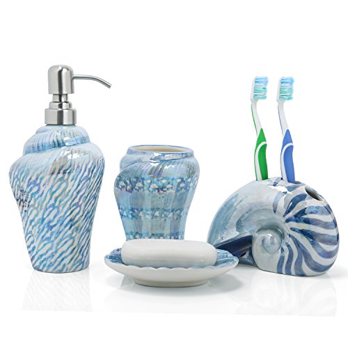 Ocean Conch Sea Shell Ceramic Bathroom Accessories Set of 4,1 Gargle Cups 1 Toothbrush Holders 1 Soap Dishes 1 Soap Dispenser (Blue) - color: Blue