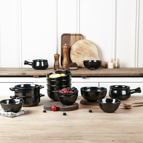 vicrays Ceramic Cereal Bowls Set - Porcelain 26 Ounce Soup Salad Bowls Set - Rice Dessert Cream Bowls Set - Chip Resistant Dishwasher Microwave Safe - Set of 6 (Black) - color: Black