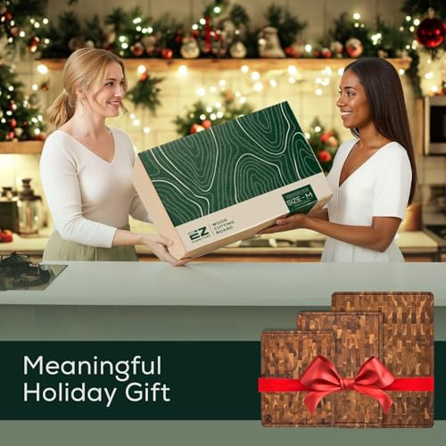 EZ FURNITURE Medium (M) Teak End Grain Cutting Board, Reversible, Knife-Friendly Charcuterie Wood Cutting Board with Juice Groove & Handles, Non-Toxic, Gift Box Included (7" x 13" x 1.5") - color: M - Teak End Gain, size: 17"L x 13"W