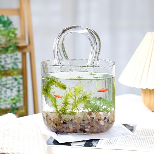 Fixwal Unique Glass Vase for Flowers, Clear Bag Vases with Handle | Cute Handbag Shape Decorative Flower Vases with Fish Bowl for Centerpieces Home Table Shelf Decor Birthday