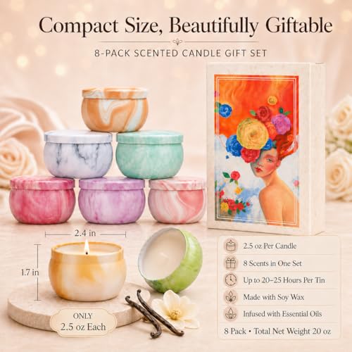 Candles, Scented Candles Gift Set for Women, 8 Pack Fruity Floral Soy Wax Aromatherapy Candles, Travel Tin Candles in Artist Gift Box, Birthday Gifts for Mom, Wife, Sister, Friend, Housewarming - size: Classic 8-Candle Set