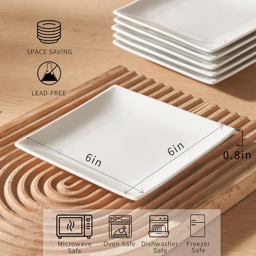 Appetizer Plates Set of 6, 6 Inch Porcelain Dessert Plates, White Stackable Square Salad Plates for Snack Steak Bread Butter, Chip and Scratch Resistant, Microwave and Dishwasher Safe | Small Dinner Plates, White Ceramic Serving Dishes for Salad Snack Ste