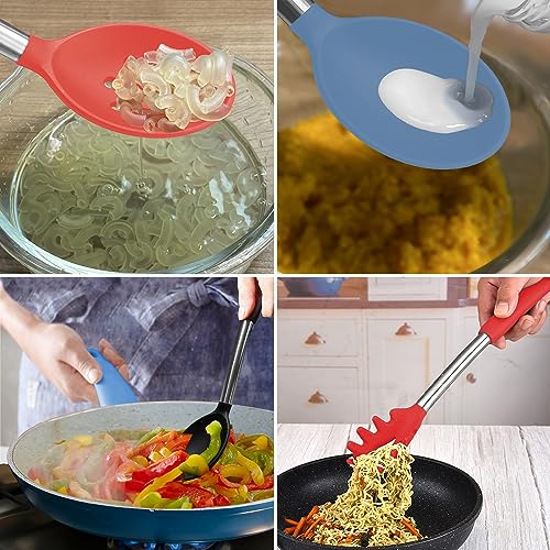 Silicone Spatula and Cooking Spoon,5 Pack Solid & Slotted Spoons and Spatulas High Heat resitant for Kitchen, Stainless Steel Handle Coated with Silicone, Non Stick Utensil, Starry blue - color: Starry blue