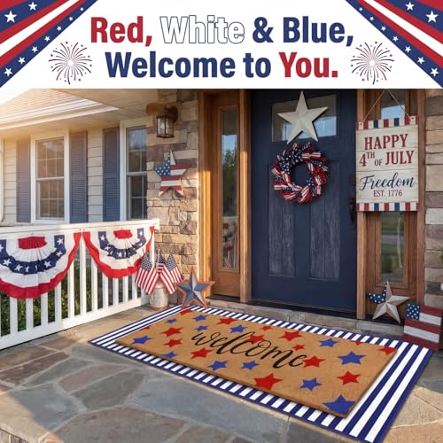 Tinideya 2 Pcs Long 4th of July Layered Outdoor Doormat 47"x17" 250th Anniversary Patriotic Star Coir Welcome Mat with Red White Blue Stripe Rug for Memorial Day Front Porch Entryway Home Decor - style: Stripe