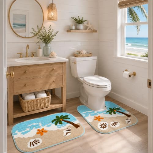 2 Piece Beach Bathroom Rug Set, Absorbent Bath Mat and U-Shaped Toilet Rug | Small-Space Coastal Refresh, Ocean-Wave Details, Two-Zone Floor Coverage, Soft Quick-Dry Comfort, TPR Grip, Machine Wash Care - color: Blue Beach