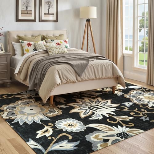 Lahome Floral Black Rug for Living Room - Washable 5 x 7 Area Rugs for Bedroom Non-Slip Ultra-Thin Large Rug Stain Resistant Dining Room Rugs, Paisley Print Accent Rugs Carpet for Office Kitchen | Non-Slip Ultra-Thin Large Bedroom Rug, Stain Resistant Din