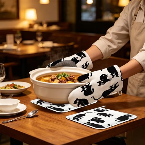Oven Mitts and Pot Holders Cute Black Cat Silicone Kitchen Accessories Set of 4 Heat Resistant Gloves Potholder Non-Slip Grip for Chef Cooking Baking Grilling BBQ - color: Cute Black Cat