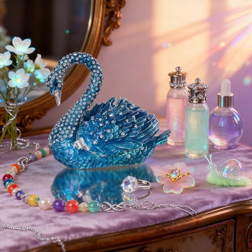 YU FENG 3.5 Inch Blue Swan Trinket Box, Hinged Jewelry Box Figurine Decor | Elegant Swan Design, Enamel Finish With Crystal Accents, Jewelry Storage Organizer, Decorative Collectible, Gift For Women