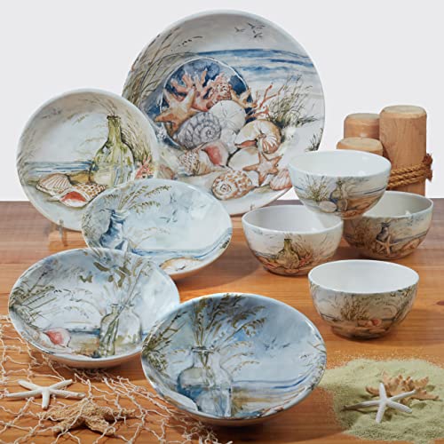 Coastal Landscape 16 oz. Ceramic Mugs – Set of 4 Assorted Beach Designs with Starfish, Shells & Ocean Bottles – Seaside Coffee Cups for Tea, Hot Cocoa, or Gifting – Blue Handle Accent - size: 5.125 inches x 4.25 inches