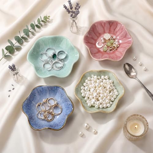 4 Pack Small Jewelry Dish Ceramic Trinket Holder Tray for Rings Earrings Key Bowl Women Mother's Day Wedding Gift (Pink,Blue,Cyan,Green) - color: Pink,Blue,Cyan,Green, style: Ceramic