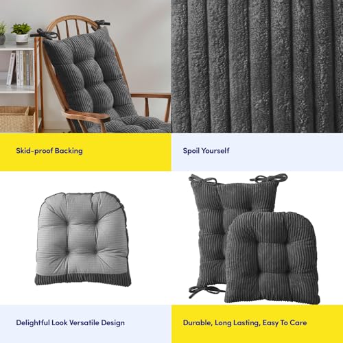 Rocking Chair Cushion Premium Tufted Pads Non Skid Slip Backed Crushed Velvet Cover Set of Upper and Lower with Ties, 21 in x 17 in | 17 in x 17 in, Velvet Gray - color: Velvet Gray, style: 21" X 17"/17" X 17" (Pack of 1)