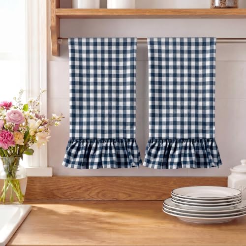 HunnmingRe Navy Blue Kitchen Towels Set of 2, 100% Cotton Ruffled Gingham Dish Towels 18"x28" Absorbent Tea Cloths Classic Plaid Pattern for Farmhouse Charm, Drying Dishes, Entertaining Guests - color: Navy Blue, style: Gingham