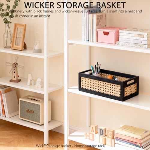 Wood Storage Basket, Small Rattan Storage Box with Handles for Bathroom Kithen Office Desk