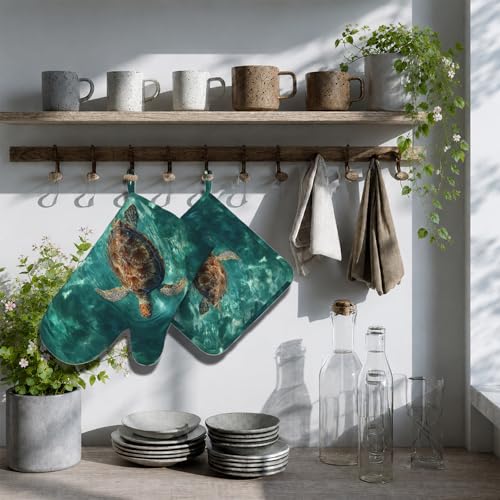Sea Turtles Ocean Oven Mitts and Pot Holders Sets Silicone Heat Resistant Kitchen Oven Gloves Pot Holder for Cooking Baking Grilling BBQ - color: Sea Turtles Ocean