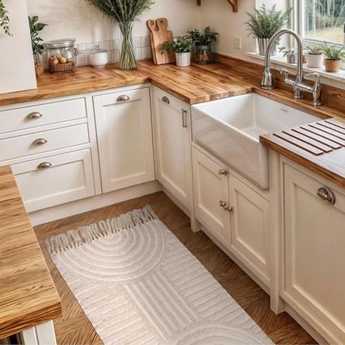 Boho Rug Runners for Hallways Non Slip, Neutral Washable Bathroom Runner Rug Beige Tufted Woven Rainbow Rug with Tassels Kitchen Rugs, 2'x6' - color: Rainbow Cream, size: Runner(2'x6')