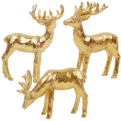 Lulu Home 3 PCS Christmas Tabletop Decorations, Resin Reindeer Peer | Golden Reindeer Figurines, Diverse Postures, Xmas Holiday Winter Centerpieces Ornaments for Mantel Shelf Sill Decor - style: 3 Peers