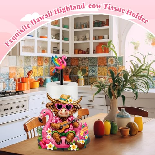 Hawaiian Flamingo Paper Towel Holder, Summer Flamingo Highland Cow Kitchen Decor Tropical Metal Towel Holder Stand with Round Base, Bathroom Countertop Decor for Luau Party Home - style: Flamingo