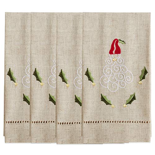 Saro Lifestyle Embroidered and Hemstitched Santa Guest Towel (Set of 4), Natural, 14"x22" - color: Santa