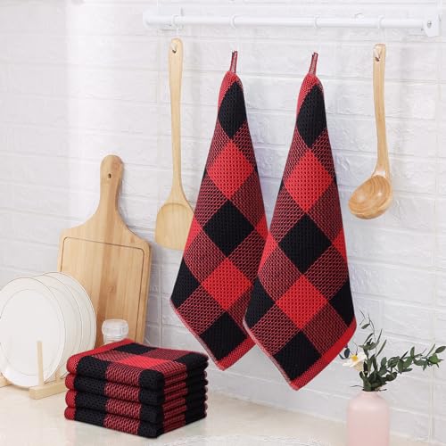 Homaxy 100% Cotton Check 8 Pack Dish Cloths, 12" x 12", Black & Red | Waffle Weave, Plaid, Super Soft and Absorbent Dish Rags, Quick Drying, Multi-Purpose - color: Black & Red, size: 12 x 12 - 8 Pack