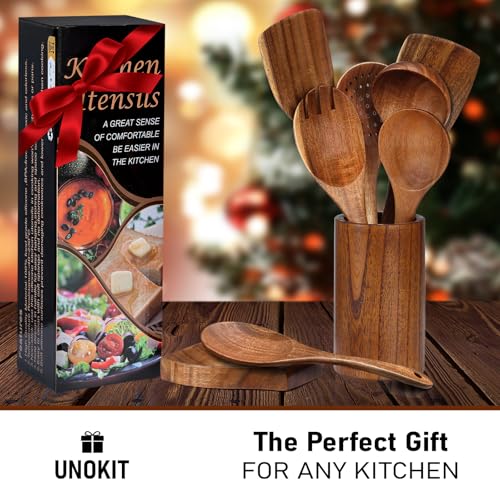 Unokit Cooking Utensils Set for Kitchen - 8 Piece Nonstick Natural Teak Wooden Spoons for Cooking, Comfort Grip Kitchen Utensils Set, Teak Wooden Utensil Set with Holder and Spoon Rest