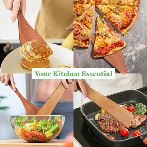 MORGLES 3Pcs Wooden Spatula Set, 12" Long Handle for Nonstick Pans Cooking | Acacia wood, flat scraper, 12" ergo handle, non-scratch, nonstick & cast-iron safe, flips/stirs/scrapes - color: Acacia Brown